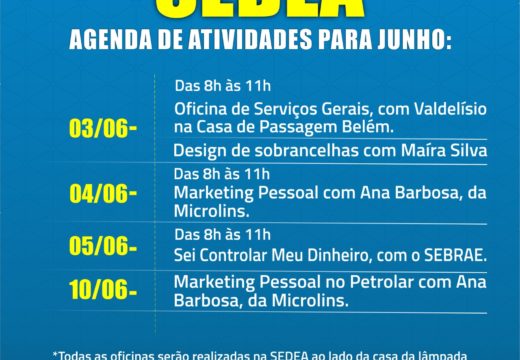 Prefeitura divulga calendário de oficinas profissionalizantes para junho; inscrições devem ser feitas na SEDEA