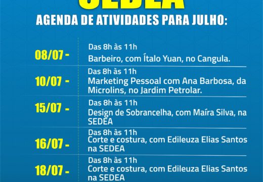 Prefeitura divulga calendário de oficinas profissionalizantes para julho; inscrições estão abertas na SEDEA