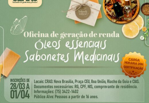 A partir de segunda-feira (28) estarão abertas as inscrições para oficina de óleos essenciais e sabonetes medicinais