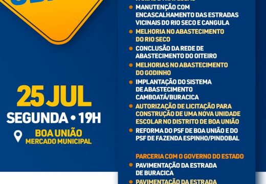Prefeitura de Alagoinhas fará anúncio de uma série de obras em Boa União, na segunda-feira (25)