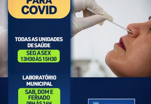 Testagem para COVID-19 continua nos Postos de Saúde e no Laboratório Municipal