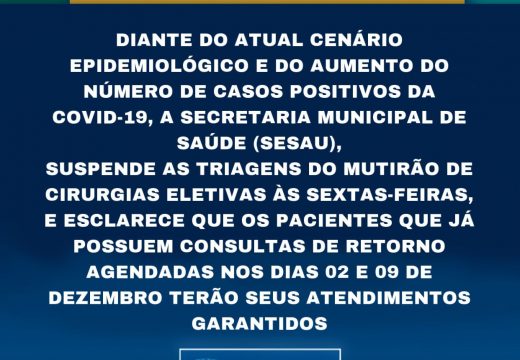 Triagens para cirurgias eletivas são suspensas após aumento do número de casos positivos de COVID-19