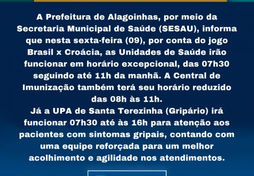 Unidades de saúde funcionam em horário especial na sexta, 09