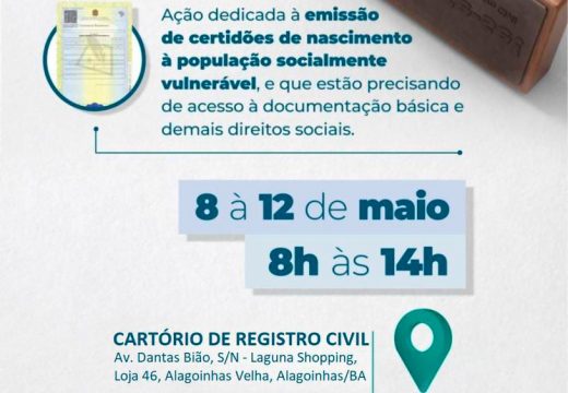 Certidões de nascimento serão emitidas gratuitamente de 08 a 12 de maio no Cartório de Registro Civil de Alagoinhas