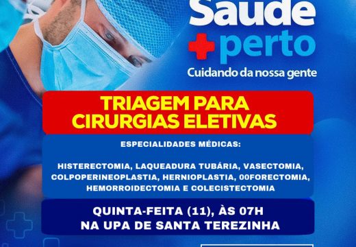 Triagem para cirurgias eletivas acontece na UPA de Santa Terezinha no dia 11 de maio