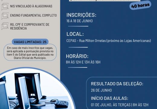 Inscrições para curso gratuito de informática profissional iniciam nesta segunda (16)